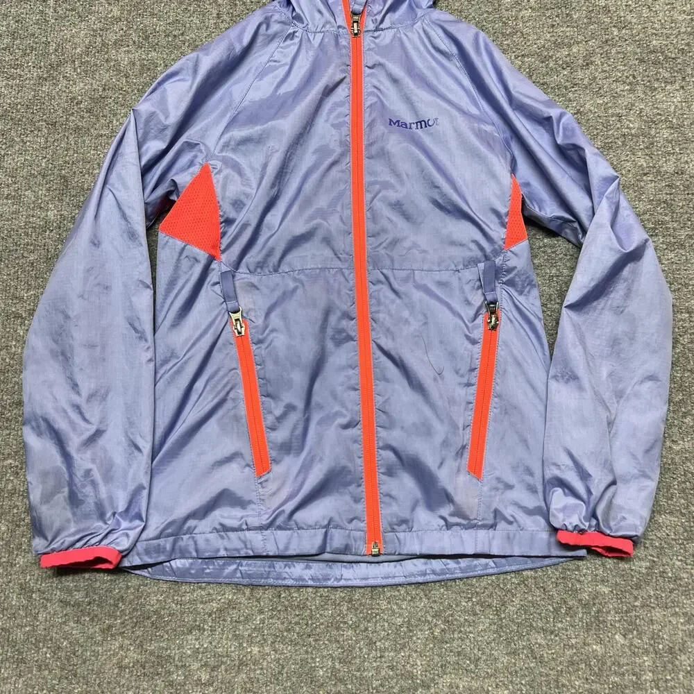 Marmot Jacket Girls Medium Purple Hooded Windbreaker Full Zip Lined Lightweight
